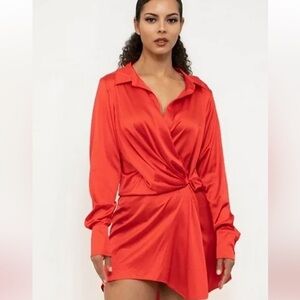 NWT House of Harlow 1960 x REVOLVE Dara XS Orange Satin Wrap Shirt Mini Dress